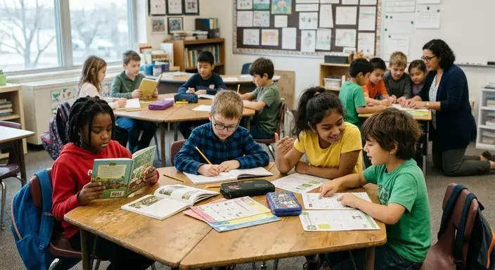 A classroom with children and a teacher