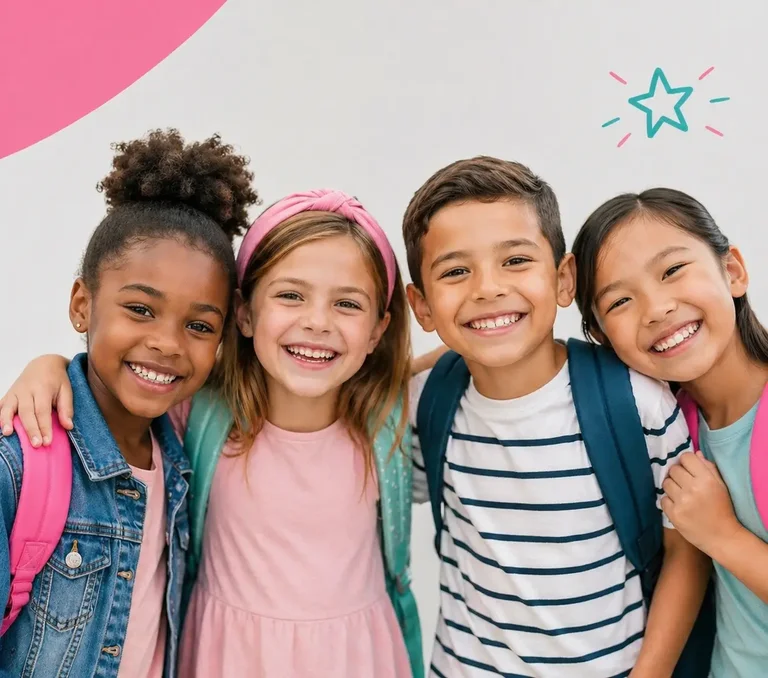 Four smiling children with backpacks pose closely together, looking at the camera.